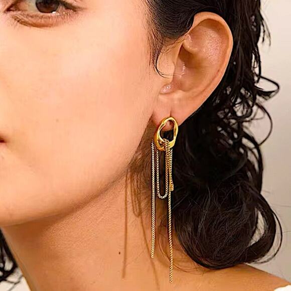 Gold Stainless Steel Silver Geometric Dangle Earrings - Picture 4 of 10